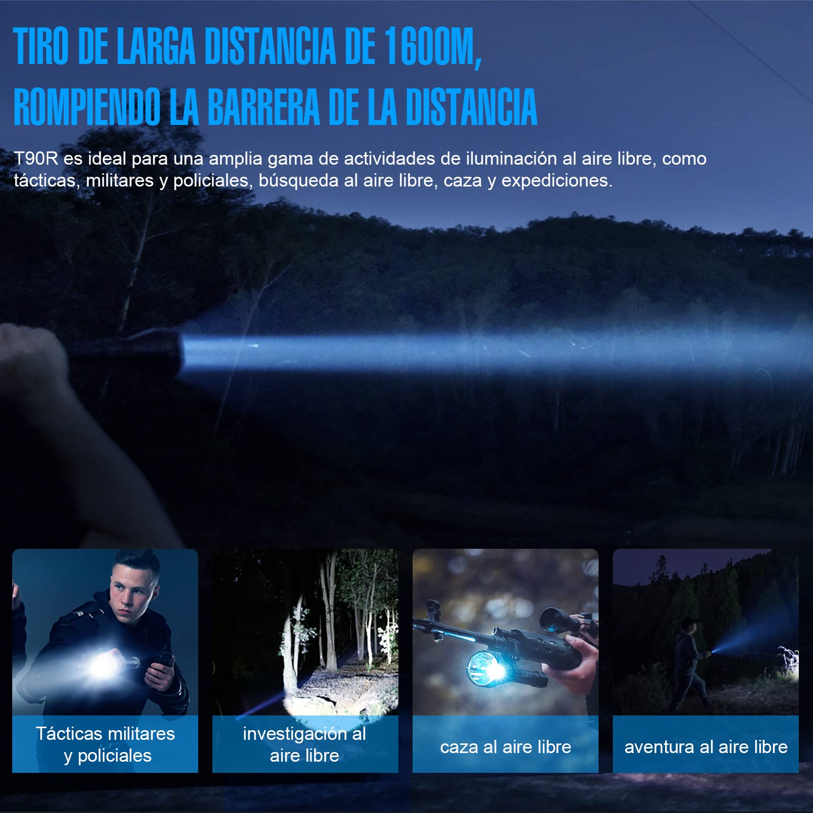 TrustFire T90R Kit Linterna Caza LED Alta Potencia 4800 Lúmenes, Linterna Táctica Recargable de Largo Alcance 1600 metros Super Brillante Impermeable para Caza Búsqueda y Rescate