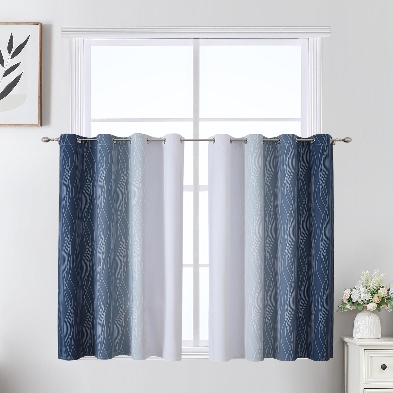Estelar Textiler Navy Blue and Greyish White Ombre Short Blackout Cafe Curtains 36 Inch Length, Thermal Insulated Grommet Small Half Window Drapes for Kitchen/Basement/RV Camper, 52Wx36L, 2 Panels