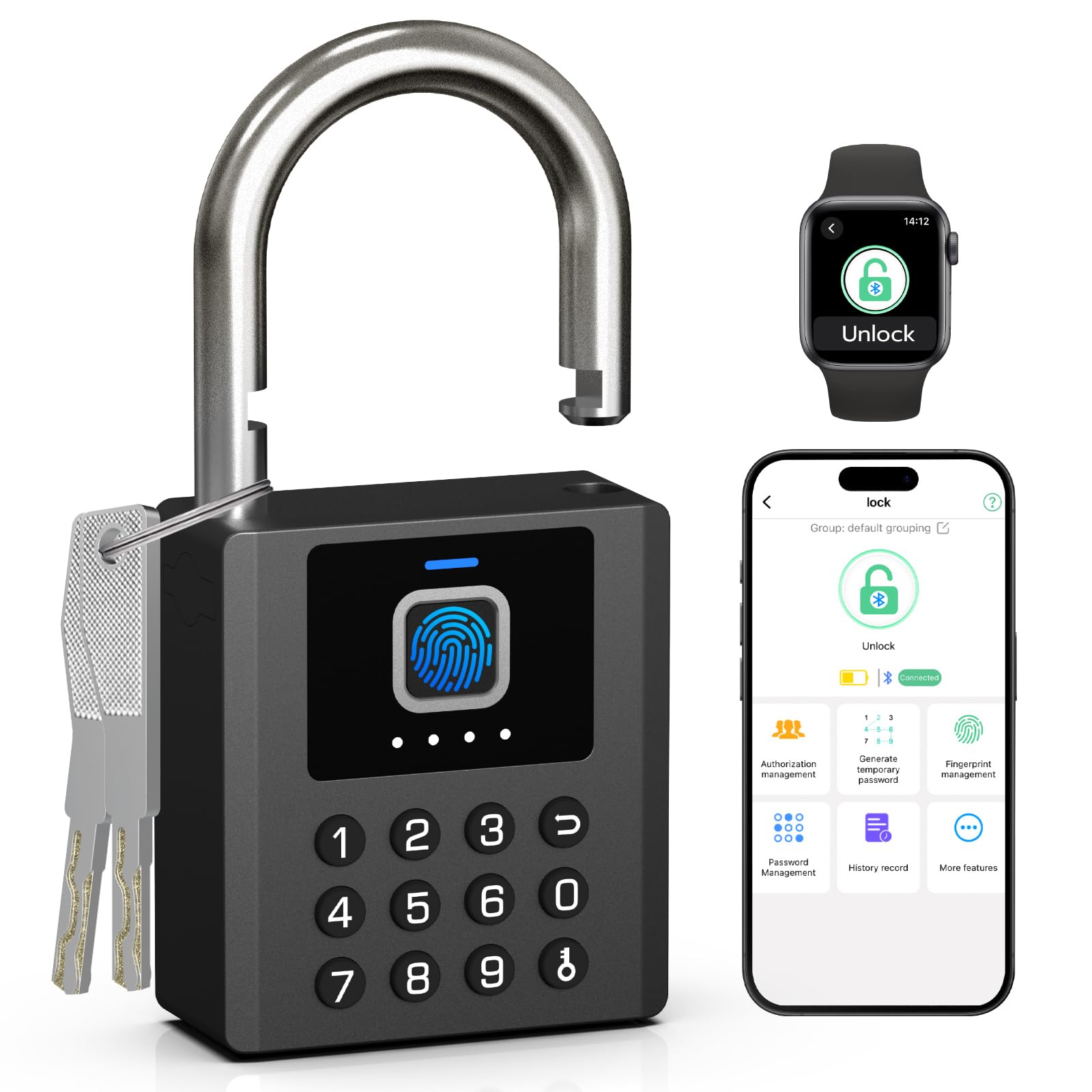 Eseesmart Candado inteligente con llave, combinación biométrica con aplicación Bluetooth, impermeable, para unidad de almacenamiento, valla al aire libre, cobertizo, gimnasio, escuela
