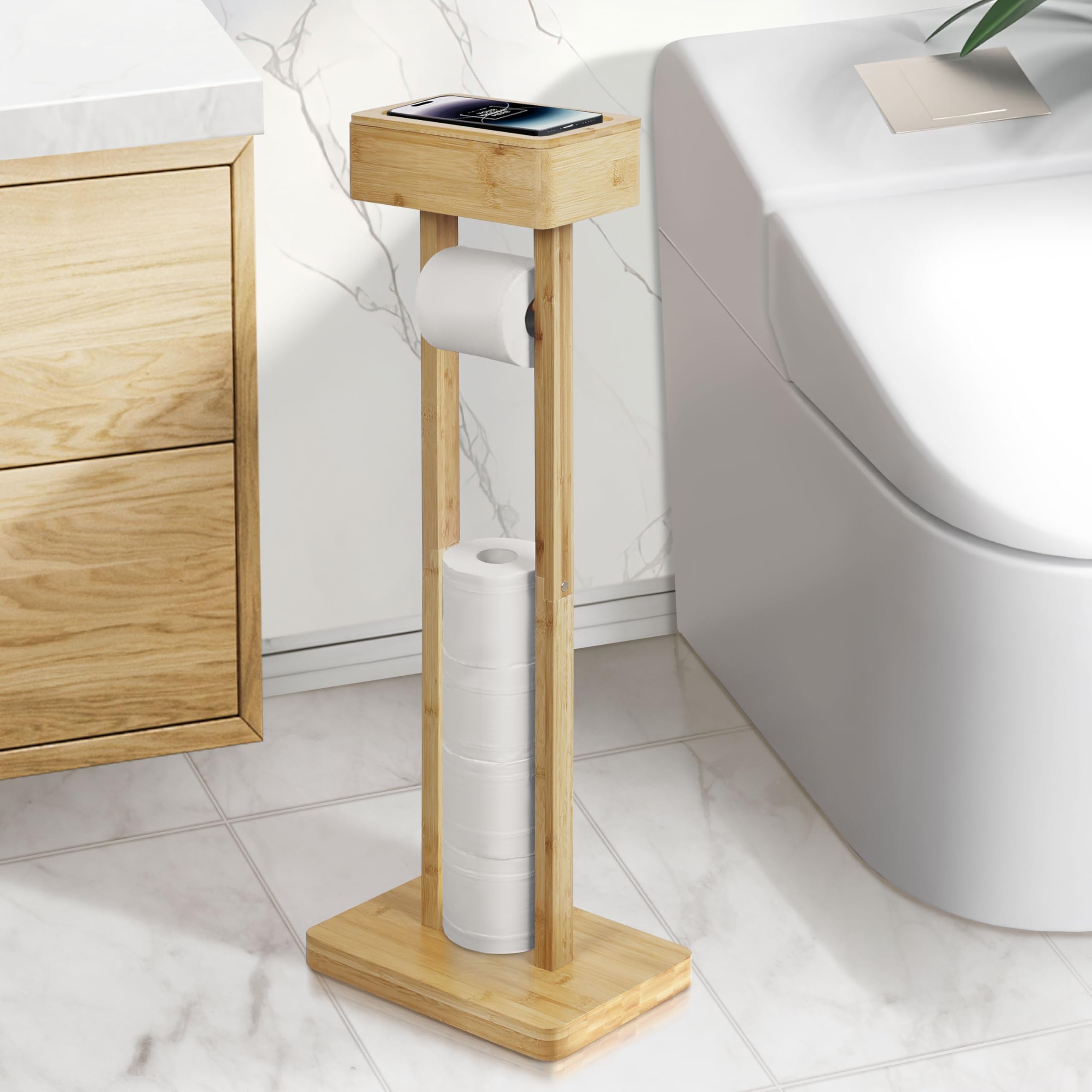 Amazon.com: Bamboo Toilet Paper Holder Stand 4-in-1, Free Standing ...
