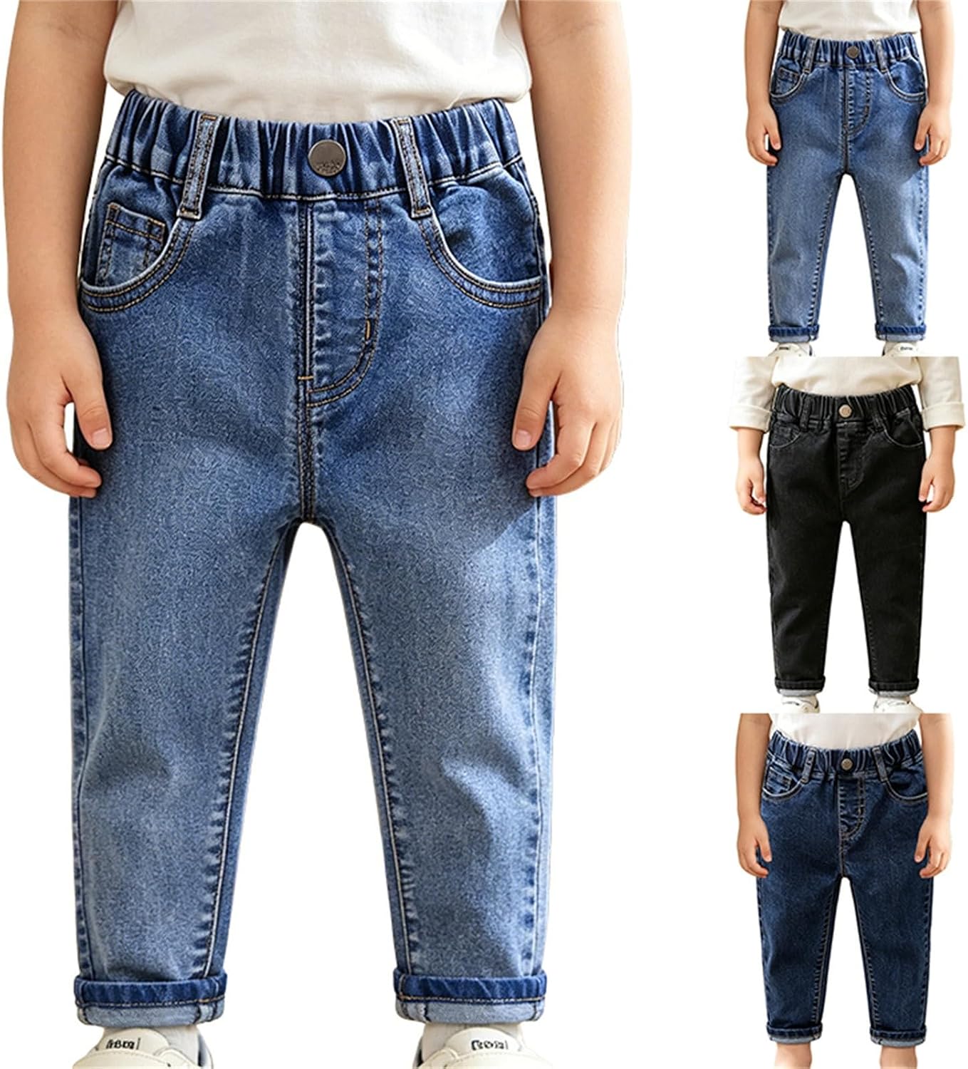 Boy's Baggy Jeans Elastic Waist Pull On Denim Pants Classic Straight Wide Leg Jeans for Kids 6 to 14 Years
