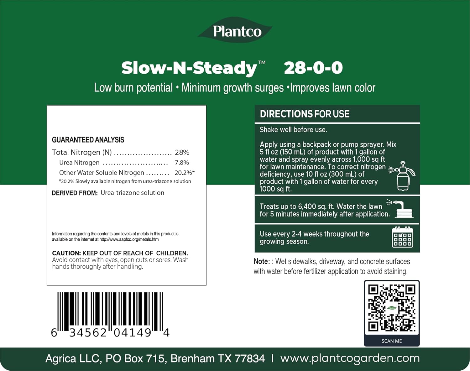Slow-N-Steady Liquid Lawn Fertilizer | 28-0-0, High Nitrogen, Slow Release Nitrogen (SRN) | Urea Triazone Sprayable Fertilizer | 32 fl oz Bottle | Steady Green-Up for Lawns| Made in The USA |