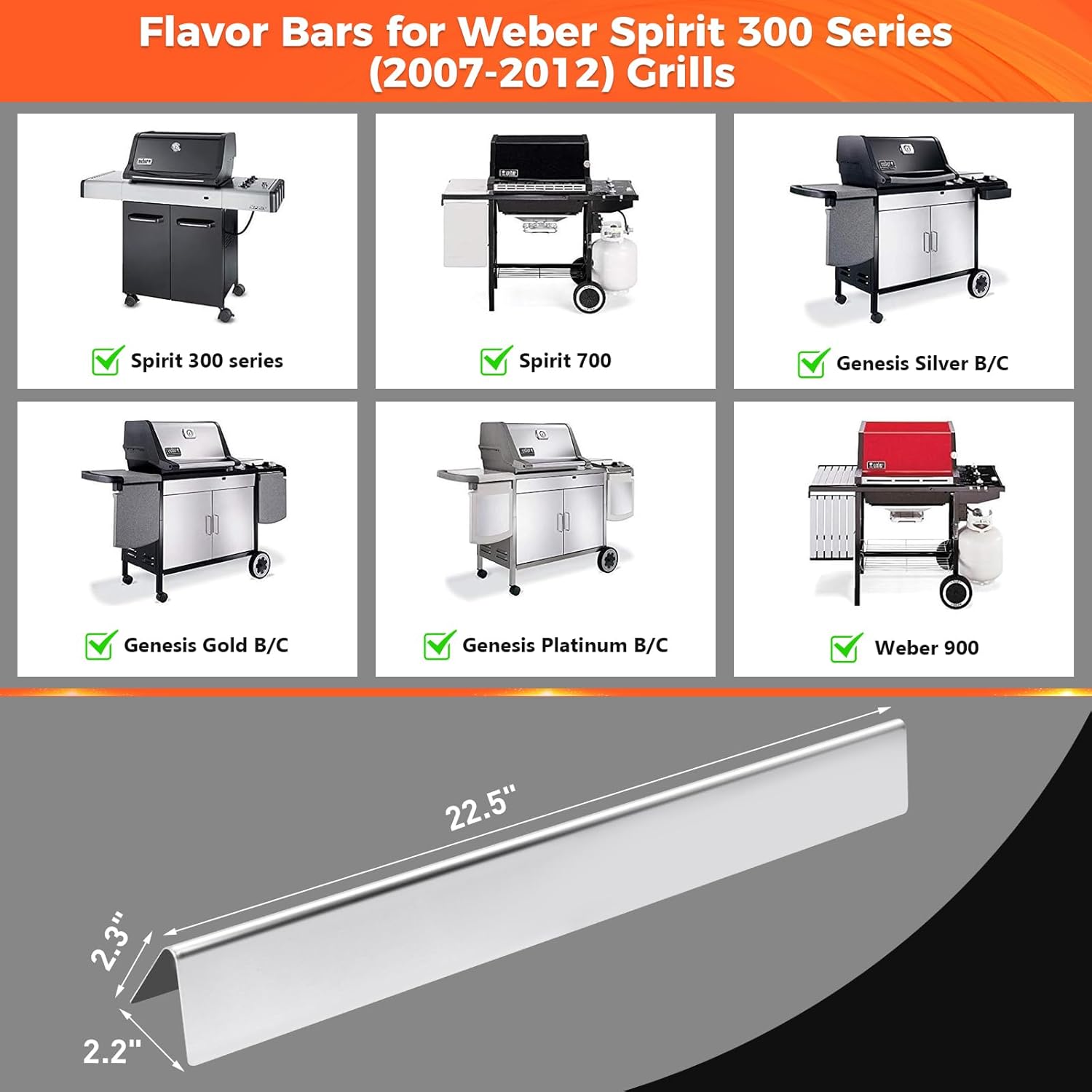 QuliMetal 304 Stainless Steel 22.5" Flavorizer Bars for Weber Spirit 300 Series (Side Knobs) – Fits Spirit E310, E320, Genesis Silver Gold Platinum B/C, Replacement for Weber 7536/7537 22.5", 5 Pack
