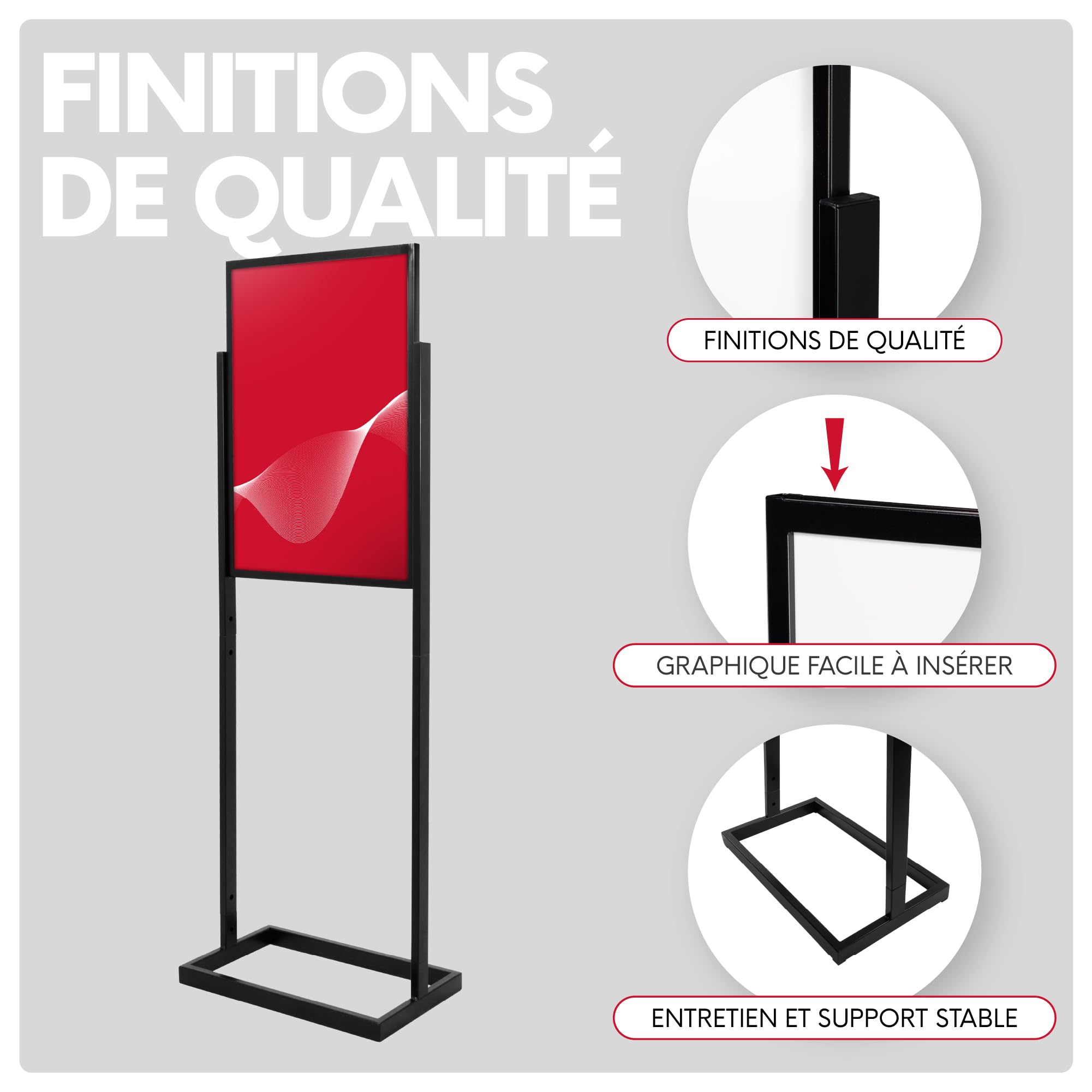 Support stop trottoir noir en acier double face 508 x ±706 mm, panneau publicitaire robuste pour affichage intérieur, présentoir métal pour visuel Ouvert/Fermé, montage facile sans outils
