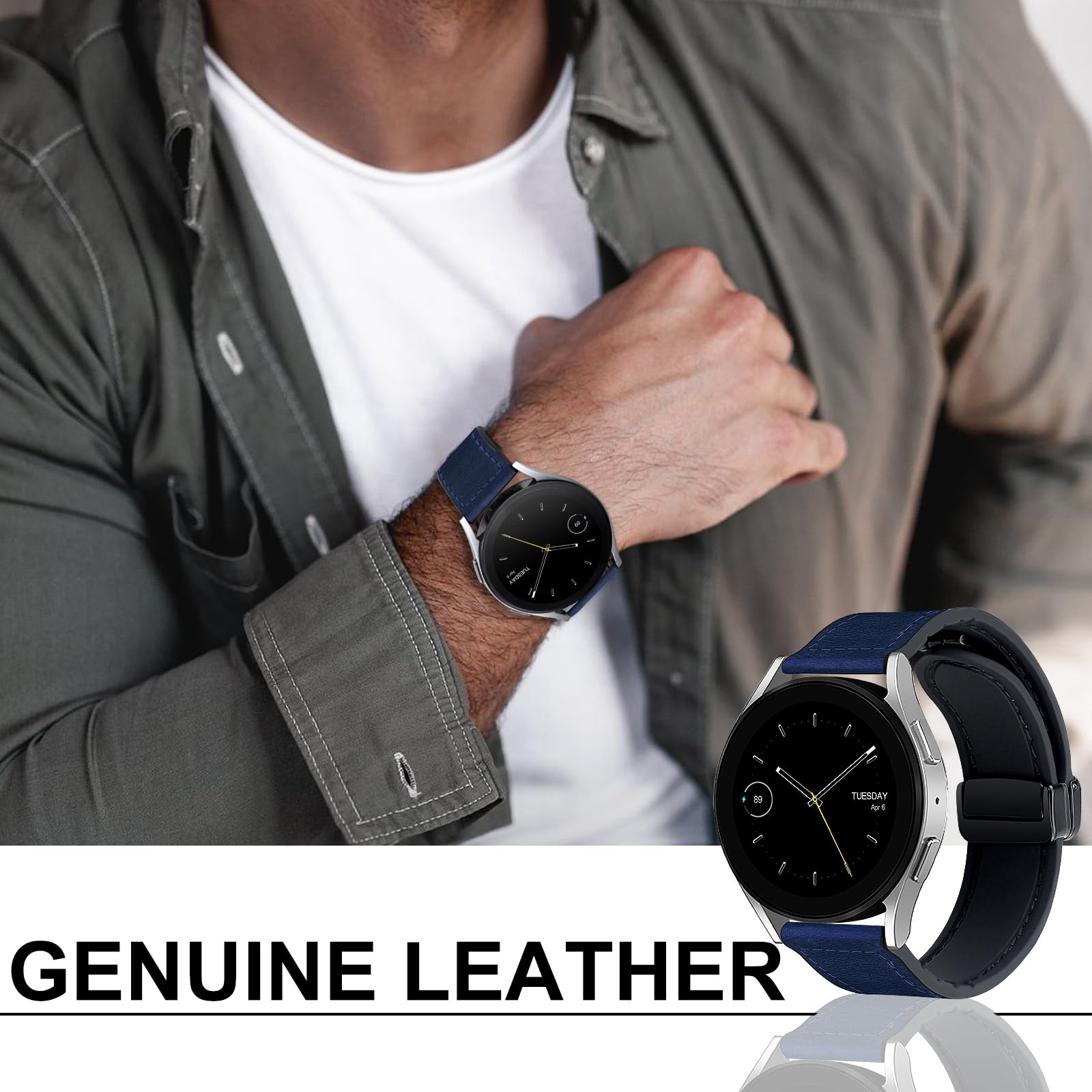 Bracelet de rechange magnétique en cuir compatible avec Samsung Galaxy Watch 7/6/5/4/Active 2 40 mm, 44 mm, 6 Classic 43 mm, 47 mm, Galaxy 5 Pro 45 mm, 4 Classic 42 mm, 46 mm, 20 mm pour