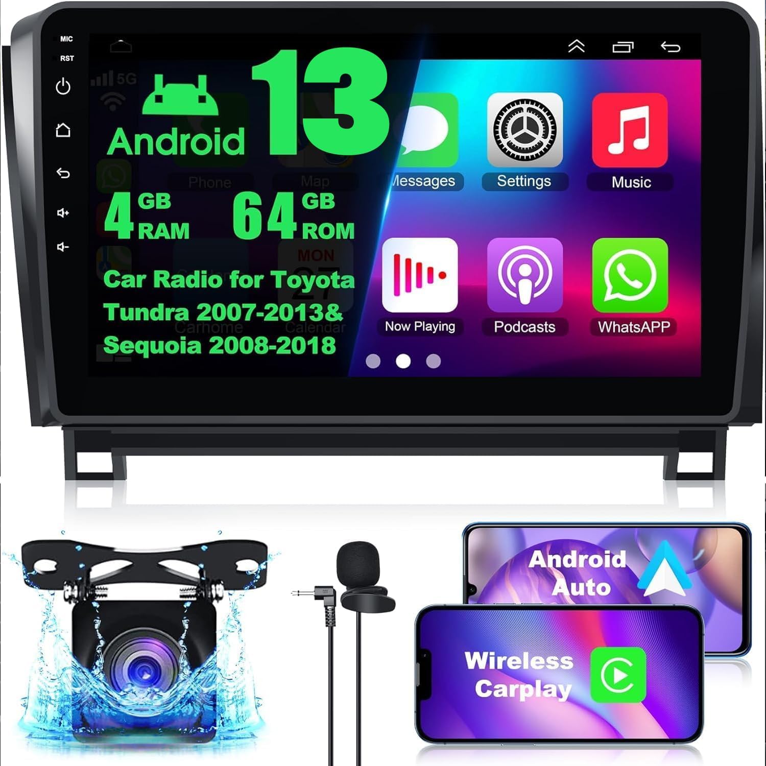 Upgrade Car Radio for Toyota Tundra 2007-2013 Sequoia 2008-2012,10.1" IPS Touch Screen 4+64GB Tundra Stereo with Wireless CarPlay & Android Auto GPS WiFi Voice Control Bluetooth 5.2 Mirror Link SWC FM