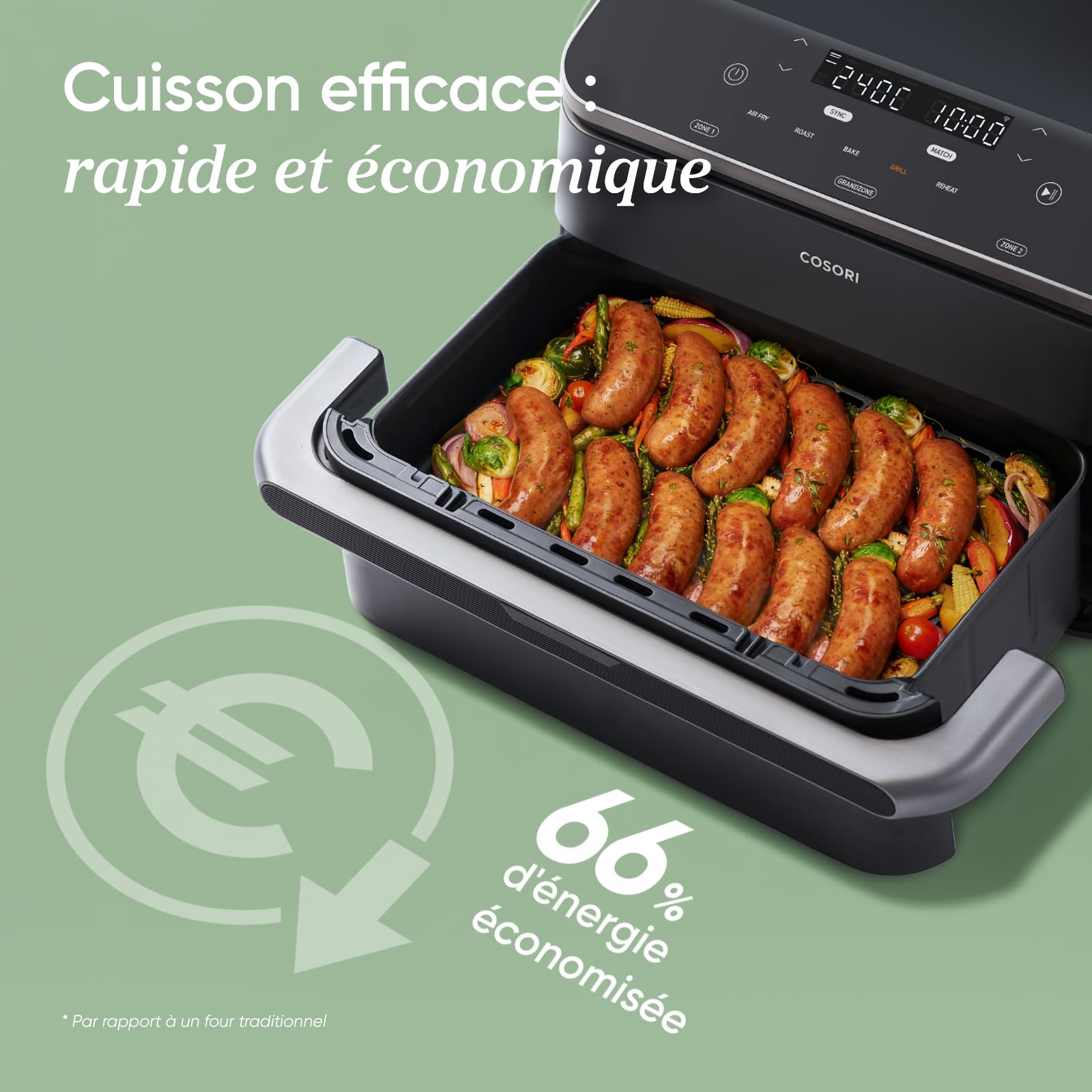 COSORI Air Fryer 10L Twinfry, Friteuse sans Huile Double Résistance, Airfryer à Dual Zone Avec Séparateur Amovible, 5-en-1, Grande Capacité, Cuisson optimale, 40℃-240℃, 70 Recettes en ligne,Noir