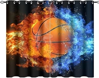 Boys Basketball Sports Theme Room Darkening Blackout Window Curtains with Grommets,Abstract Blue Flame Basketball Print Pattern Energy Efficient Window Treatment 2 Panels 63L x 36W