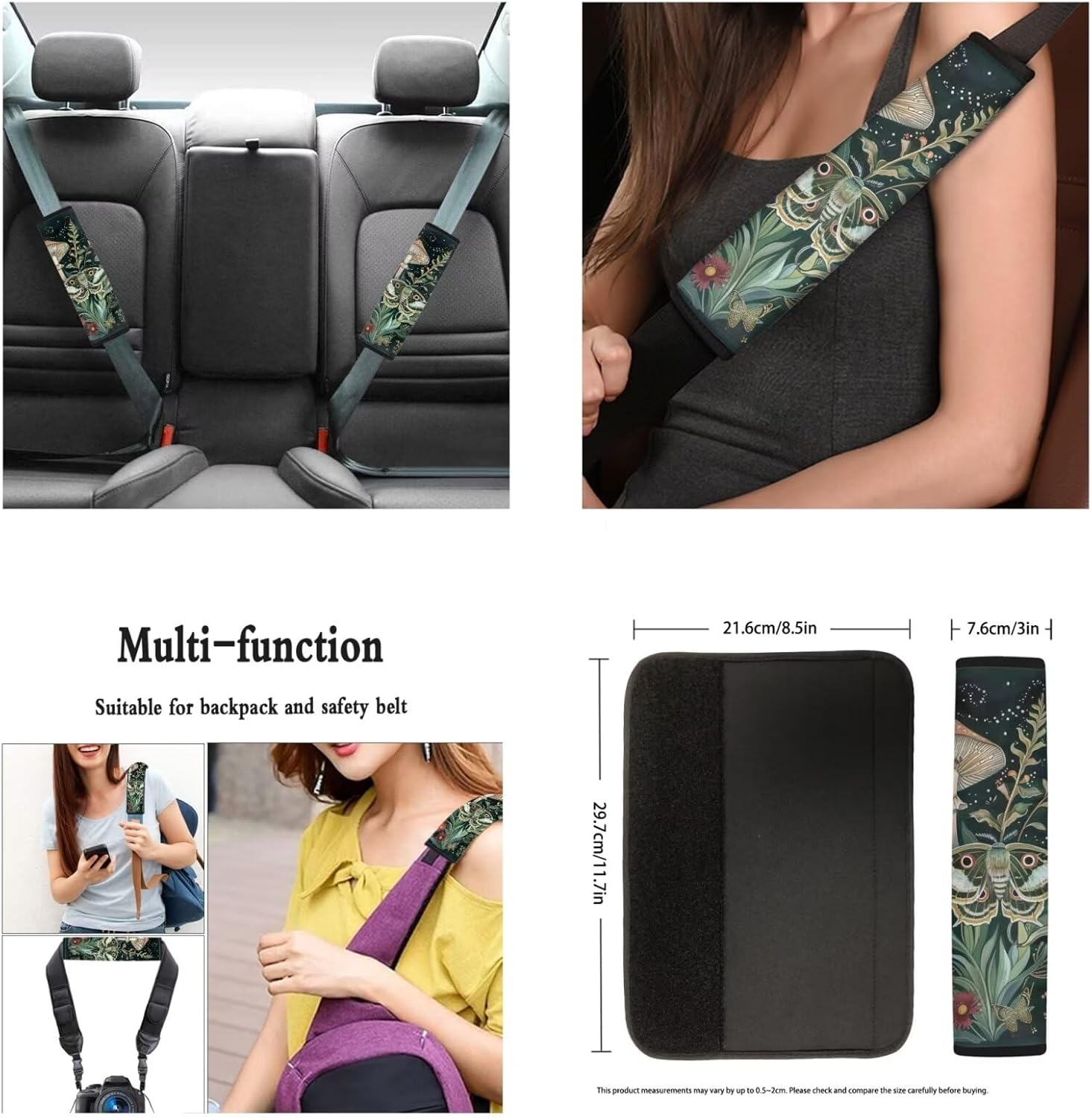 Ystardream Retro Moth Mushroom Car Seat Covers Full Set for Women Girly Car Seat Covers with Matching Steering Wheel Cover Machine Wash Automatic Interior Set Green