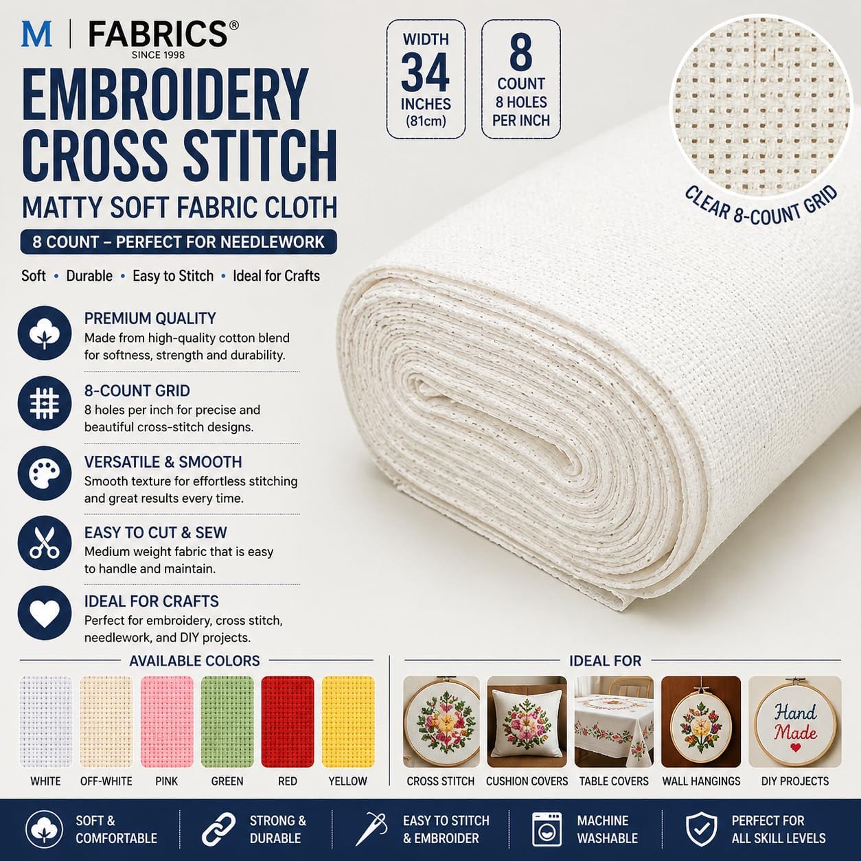 Embroidery Cross Stitch Matty Soft Fabric Cloth (Cross Stitched Aida Needle Work Fabric) 34 Inches Width (8 Count Soft) - (5 Meters, White)