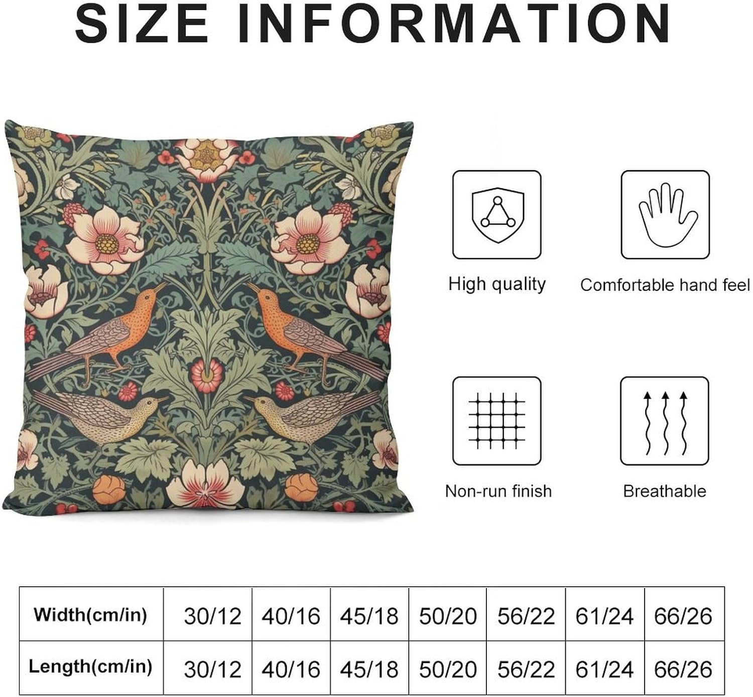 William Morris Pillow Case,Polyester Sofa Throw Pillow Cover Set of 2,Vintage Rustic Art Abstract Green Plant Flower Bird Square Protector Cushion for Sofa Bed Decor 22x22in