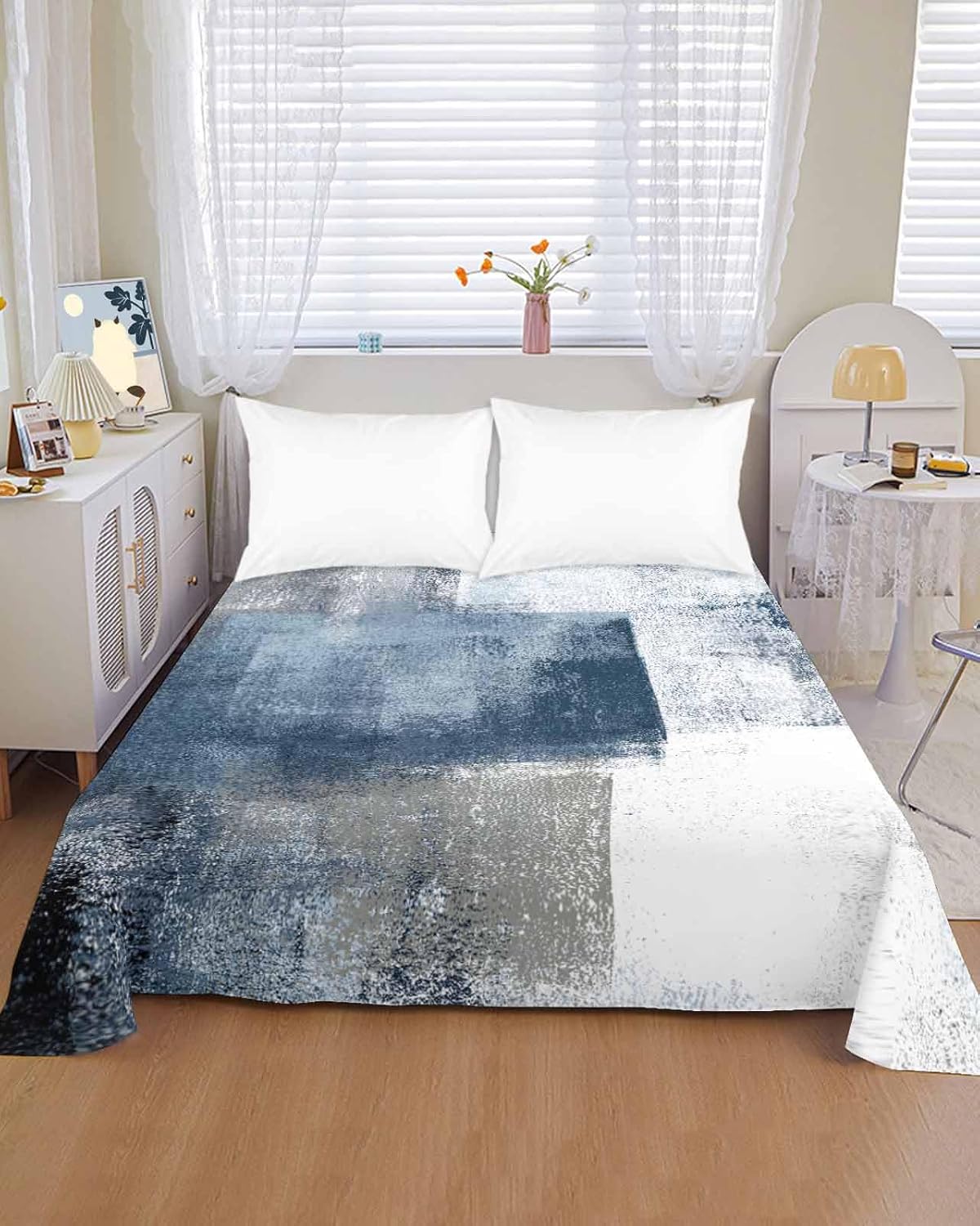 King Flat Sheet Top Sheet Only, Mottled Abstract Color Block Soft Microfiber Breathable Bed Sheets, Vintage Oil Painting Art Hotel Luxury Bedding Flat Sheets