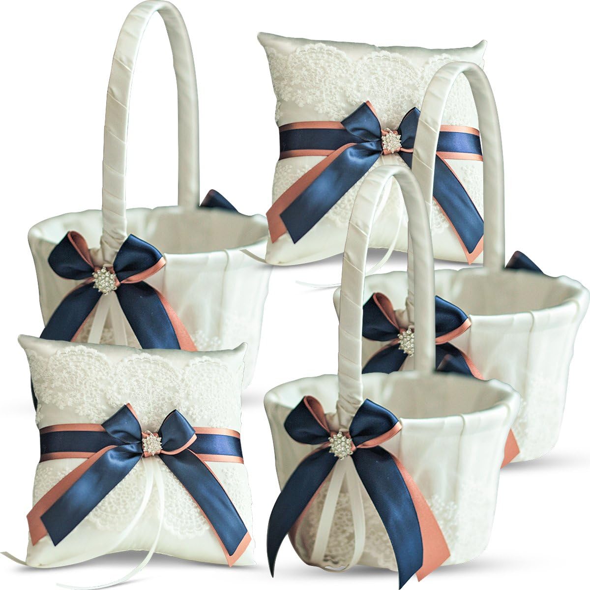 Ivory Ring Bearer Pillow and Basket Set | Lace Collection | Flower Girl & Welcome Basket for Guest | Handmade Wedding Baskets & Pillows (Navy Rose Gold)