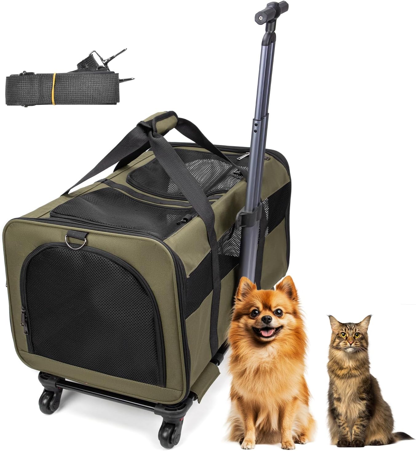 Cat Carrier for 2 Cats, Large Dog Cat Carrier with Wheels for Under 44lbs, 23.7" x 15.8" x 13.8" Rolling Pet Carrier with Removable Pole Platform and Upgraded Wheels Dog Cat Travel Carrier(Green)