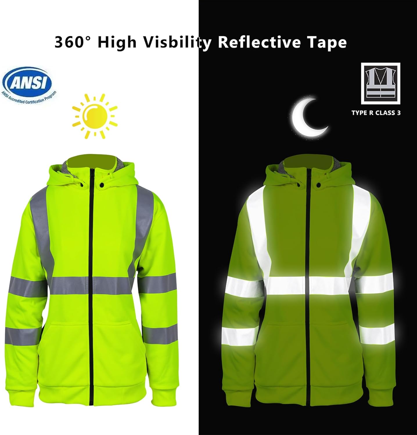 High Visibility Safety Sweatshirt for Women Reflective Fleece Inner Hi Vis Construction Work Hoodie with Detachable Hat Full Zip - Image 6