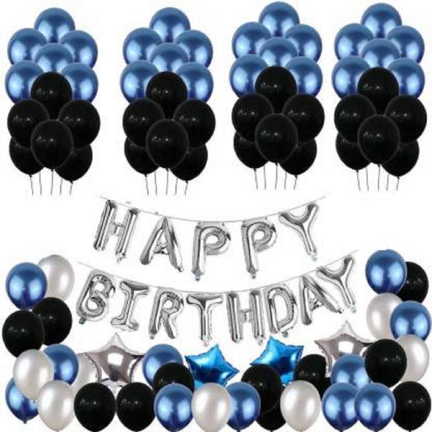 YNS Crafts Stock13 Solid Happy Birthday Foil Silver Letter Balloon Silver, Black, Blue ,Balloon ,2 Silver Star, 2 Blue Star( Pack of 117)