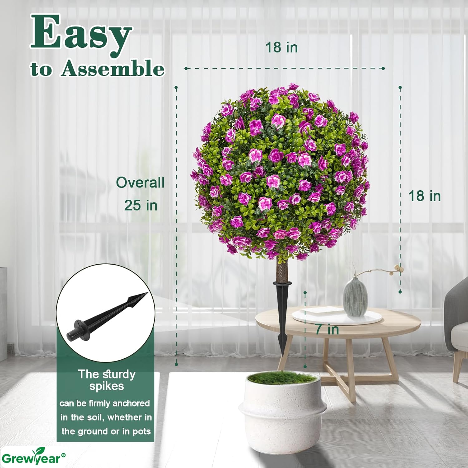 Artificial Purple Rose Topiary Ball Trees with Ground Spike Set of 2, Faux Boxwoods for Outdoor Planters, UV Resistant Artificial Outdoor Plants for Porch, Fake Bushes Round Shrub - Image 7