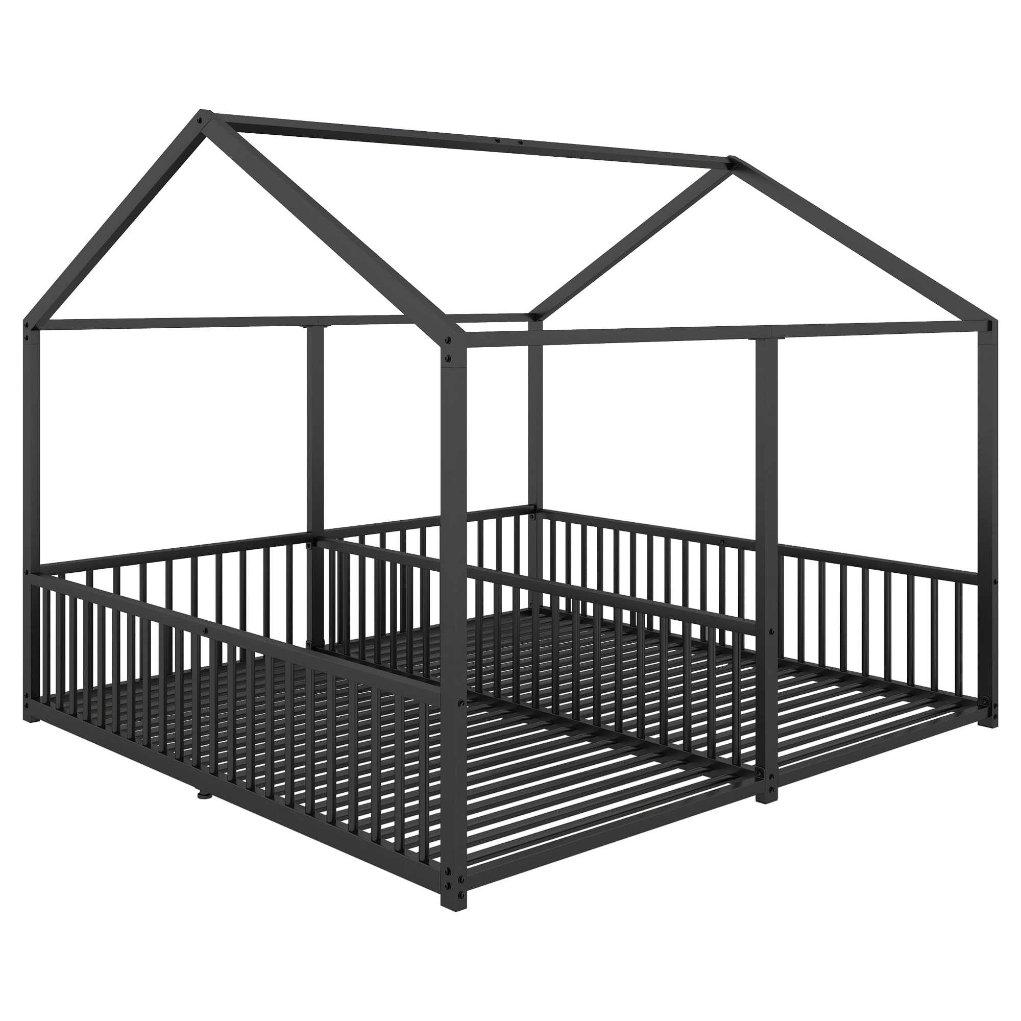Dolamaní Bodenbett 180x200 cm 2 Kinder mit rausfallschutz, 90x200 cm Einzelbetten 2-in-1, Hausbett Metall Geschwister Bett, Kinderbett Bodentief (Schwarz B)
