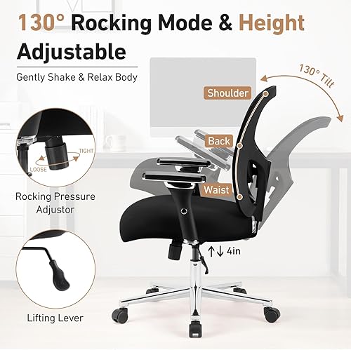 Miniatura 5 de DUMOS Silla ergonómica de escritorio de oficina en casa, respaldo medio resistente con soporte lumbar y reposabrazos 4D, malla ajustable en altura