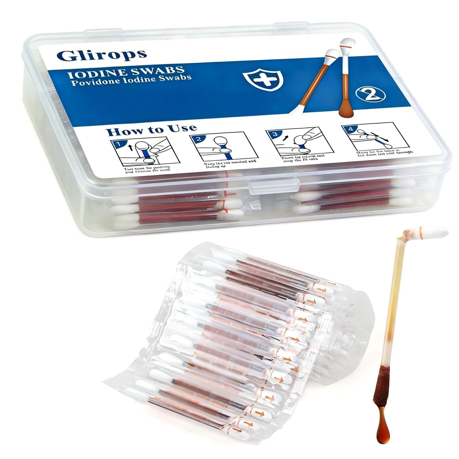 View 1 of 100 Sticks Povidone Iodine Swabsticks - FSA/HSA Snap-to-Activate Iodine Swabs for First Aid & Nasal Care, 10% Solution Wound Care Supplies, Individually Wrapped in Reusable Case