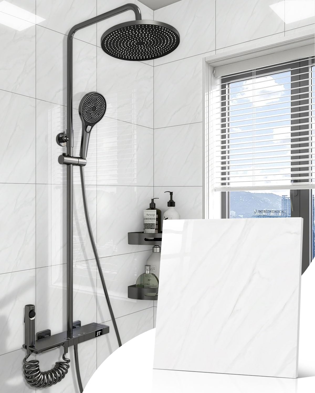 WADILE 10x piastrelle adesive marmo 30x30cm impermeabili per doccia, cucina, bagno - Pannelli murali PVC bianco noble