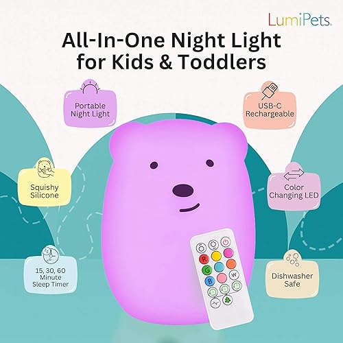 Miniatura 8 de Lumipets Benny The Bear - Luz nocturna de silicona blanda para niños Bonita luz nocturna con control remoto y control táctil para niñas y niños