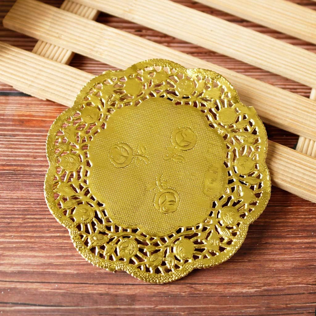 COYENRAT 50Pcs 3.5 Inch Hollow Floral Round Lace Paper Doilies Party Gold Placemat