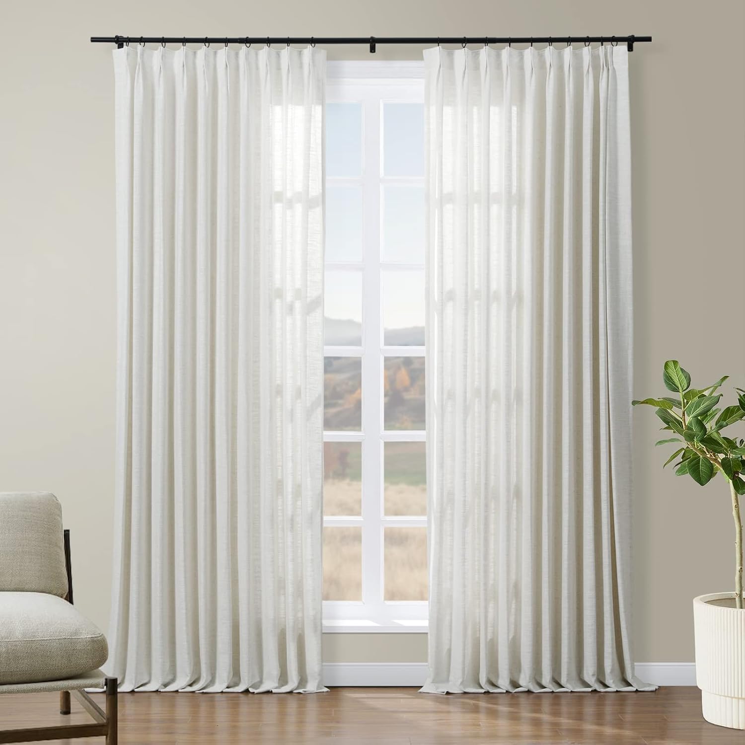 TWOPAGES 52 W x 102 L inch Pinch Pleated Light Filtering Curtain Linen Textured Unlined Drapes for Living Room Bedroom Indoor Window and Door,(1 Panel),Beige White