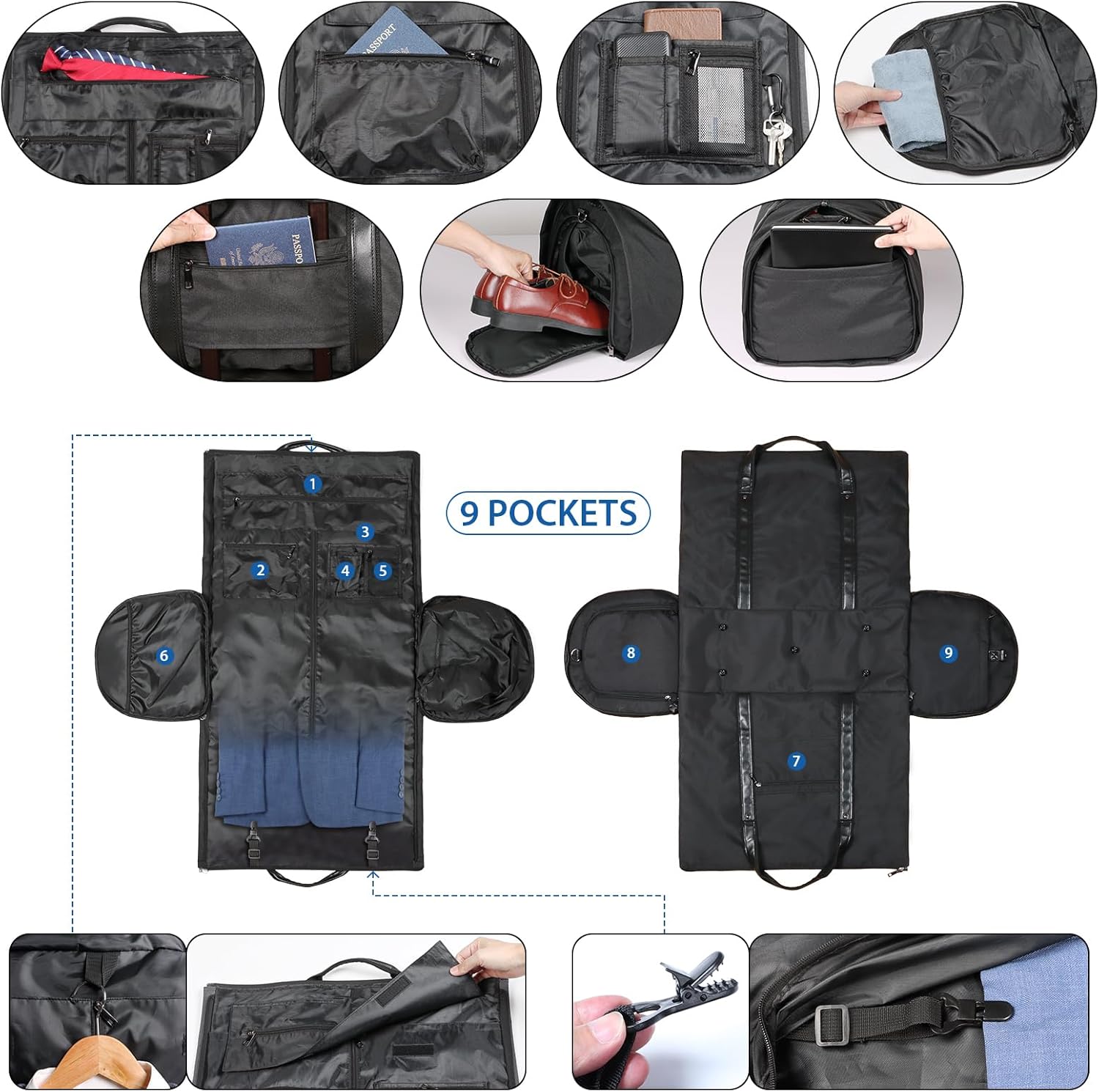 Zilink Convertible Garment Bag with Shoulder Strap Carry on Suit Travel Duffel Bag - 2 in 1 Hanging Suitcase Suit Business Travel Bag for Men Women, Black - Image 4