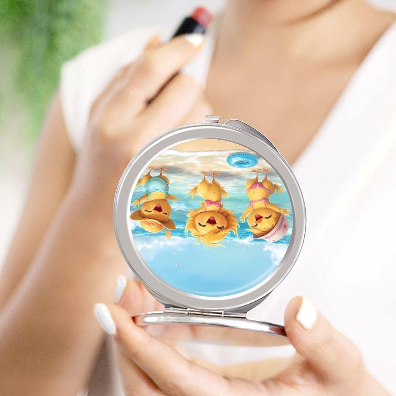 Chicken Beach Funny Animal Compact Makeup Mirror Mini Foldable Cosmetic Mirror Portable Travel Mirror for Purse Pocket
