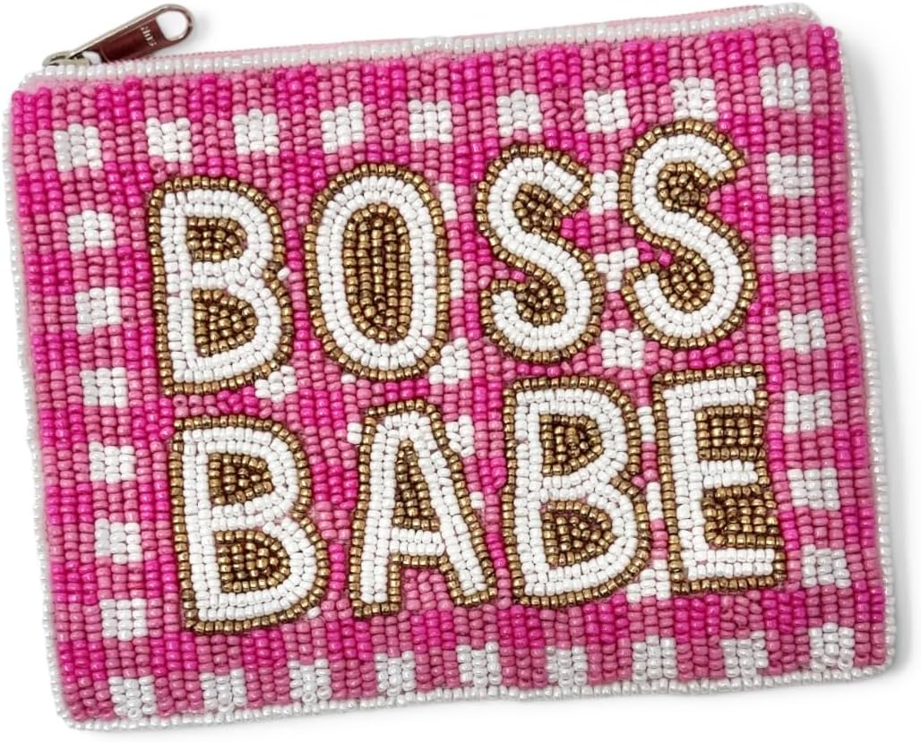 Boss Babe Beaded Pouch Purse, Pink Beaded Coin Purse, Coin Pouch Small Wallets Card Holder Bag, Boss Babe Card Case Wallet, Birthday Gift