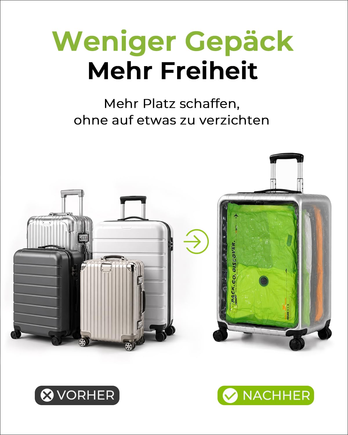 Vacbird 20 Stück Vakuumbeutel für Kleidung mit kabelloser Vakuumpumpe, 8 x 40x54cm, 8 x 47x64cm, 4 x 47x64x12cm, platzsparende Vakuumierbeutel für Kleidung – ideal für Reisen und Kofferorganisation