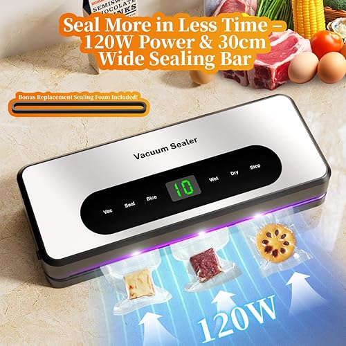 Miniatura 7 de Máquina selladora al vacío con luz UV-C, incluye kit de sellador de tarros Mason y 2 rollos de bolsa, pantalla digital y cortador integrado, modos