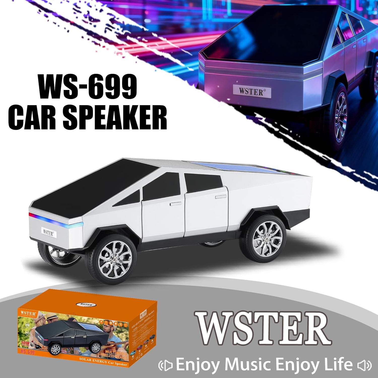 WS-699 Solar Bluetooth Replica Speaker – Future Pickup Truck Design, HD Sound, TWS Stereo Pairing, FM Radio, LED Party Light, USB/TF Playback, Hands-Free Mic, Type-C Charging, Portable Gift (Silver)