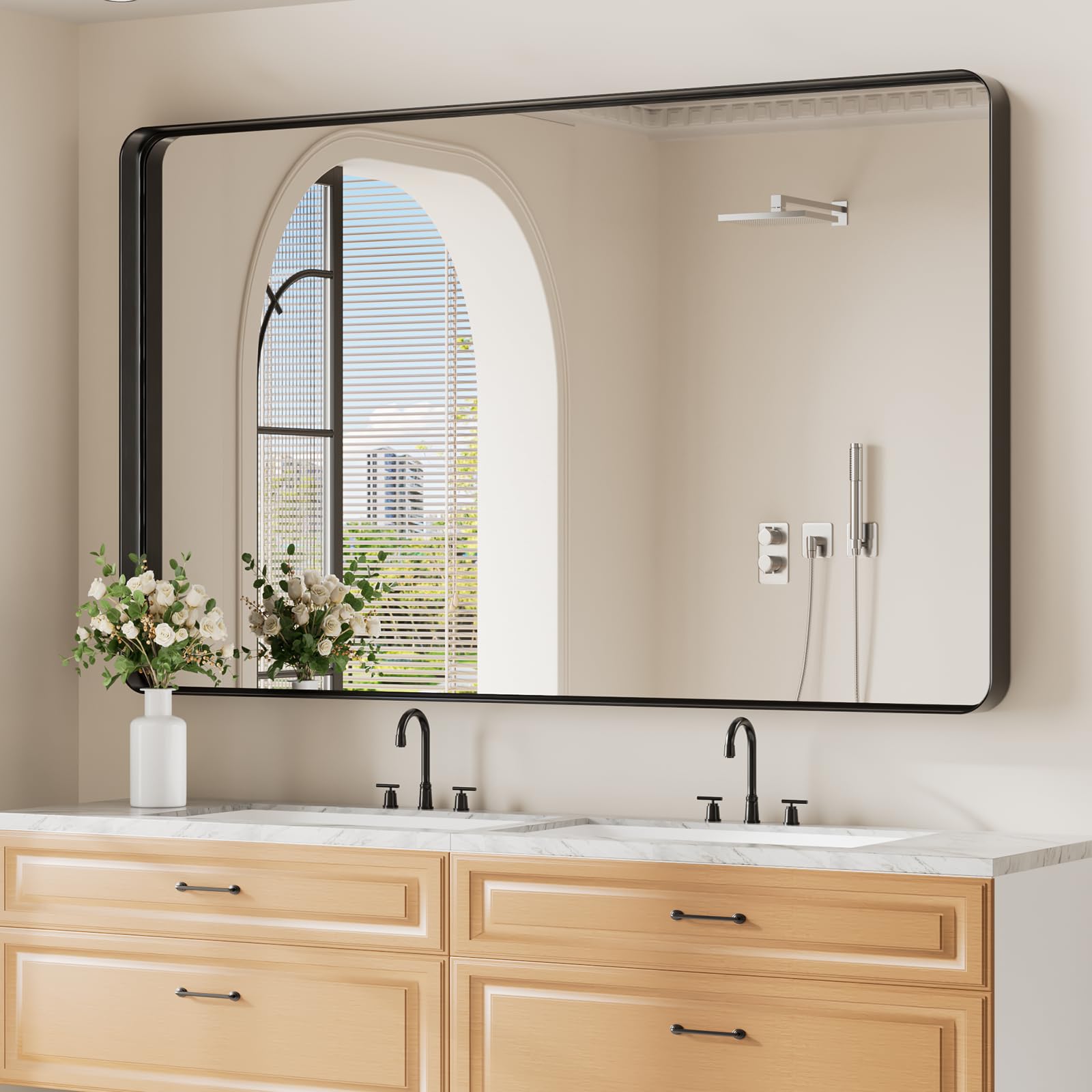 Photo 1 of Koonmi Black Wall Mirror for Bathroom, 36x60 Inch Matte Deep Framed Rounded Rectangle Vanity Mirror for Farmhouse Living Room, Tempered Glass, Anti-Rust, Vertically or Horizontally