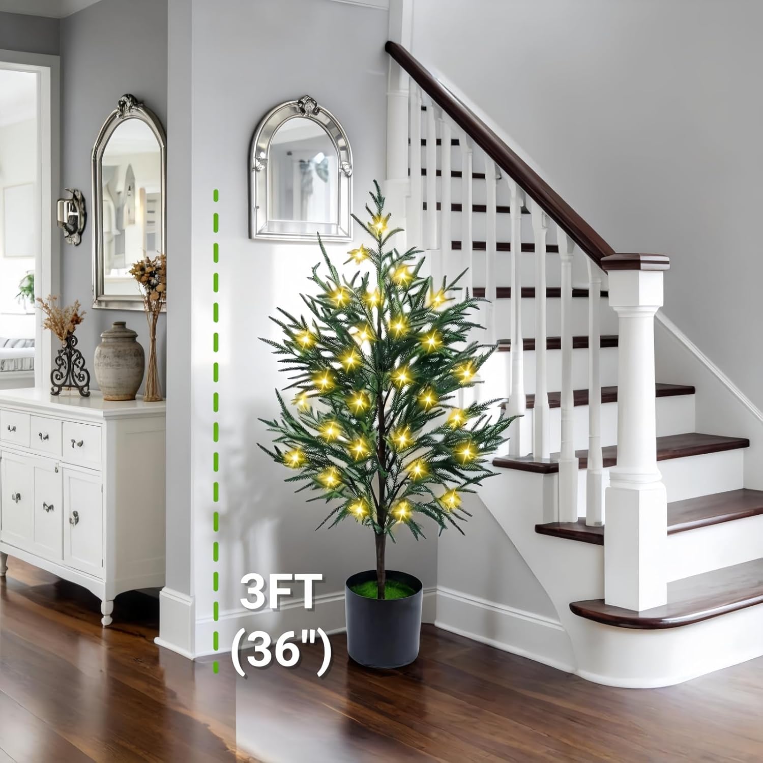 3FT Artificial Topiary Trees 2 Pack, Outdoor Topiaries Trees for Front Porch with Light, Realistic Fake Plants Norfolk Pine Trees for Indoor Home Front Door Offices