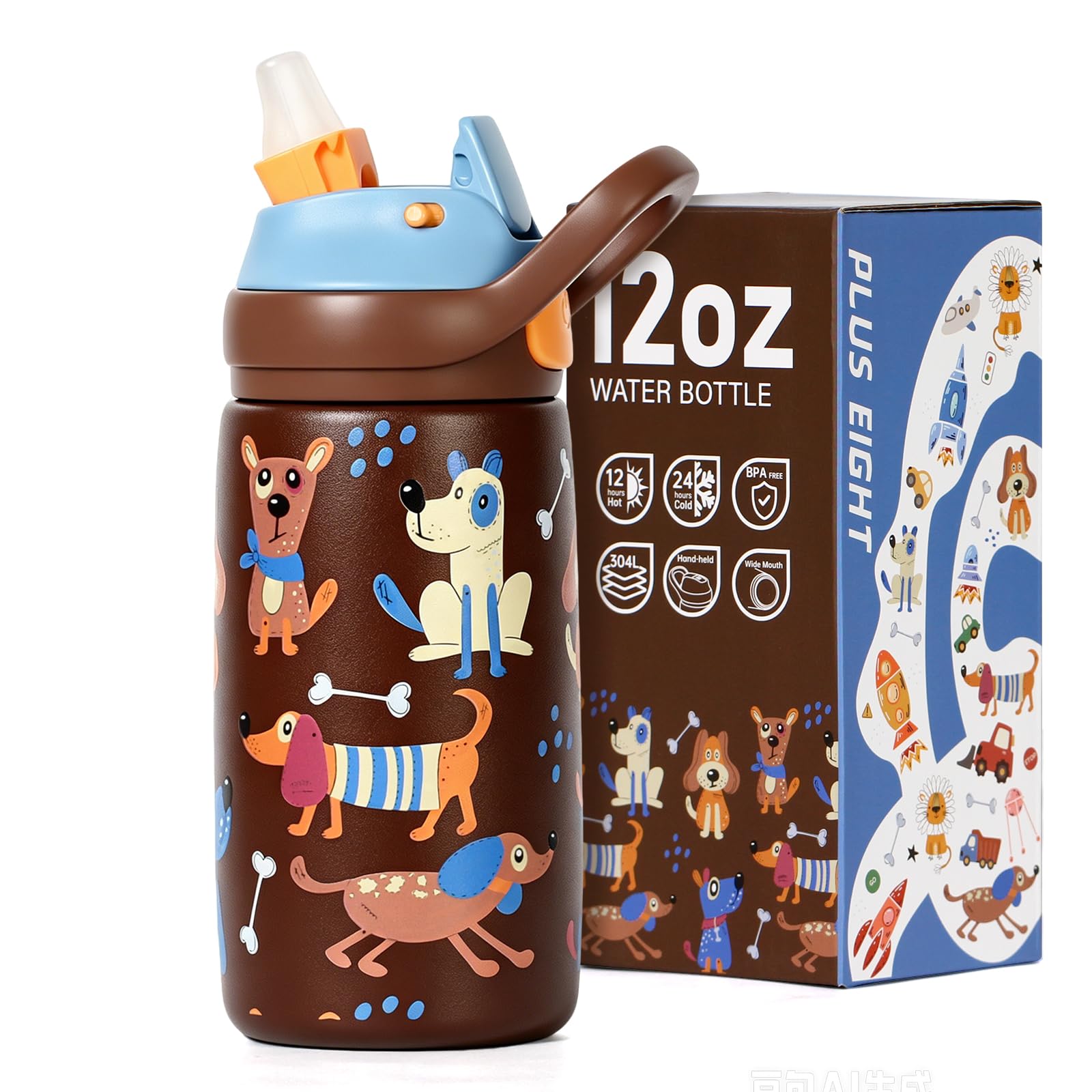 pluseight Kids Insulated Water Bottle with Straw Lid, 350ml BPA-Free Double Wall Vacuum Tumbler 18/8 Stainless Steel Leak Proof Keep Drinks 12h Hot & 28h Cold (Brown Puppy)