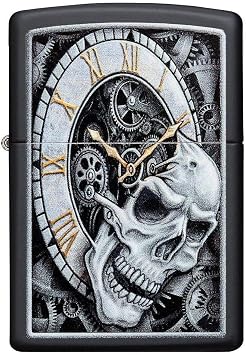 Zippo Skull Clock Design Black Matte Pocket Lighter, One Size (29854)