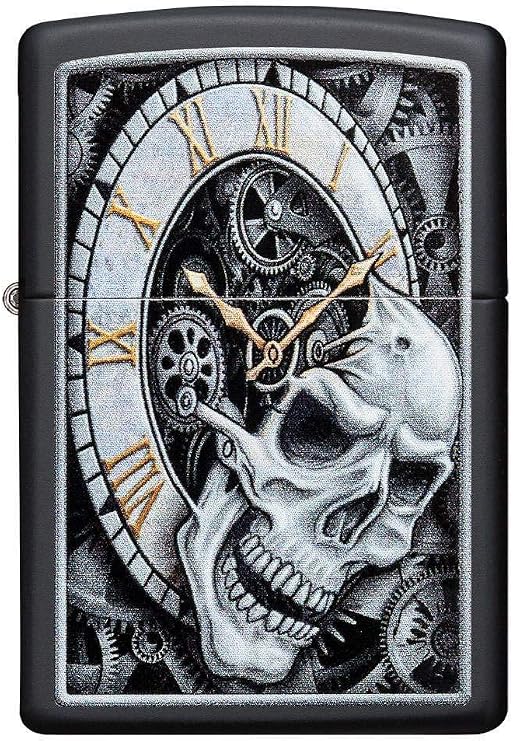 Zippo Skull Clock Design Black Matte Pocket Lighter, One Size (29854)