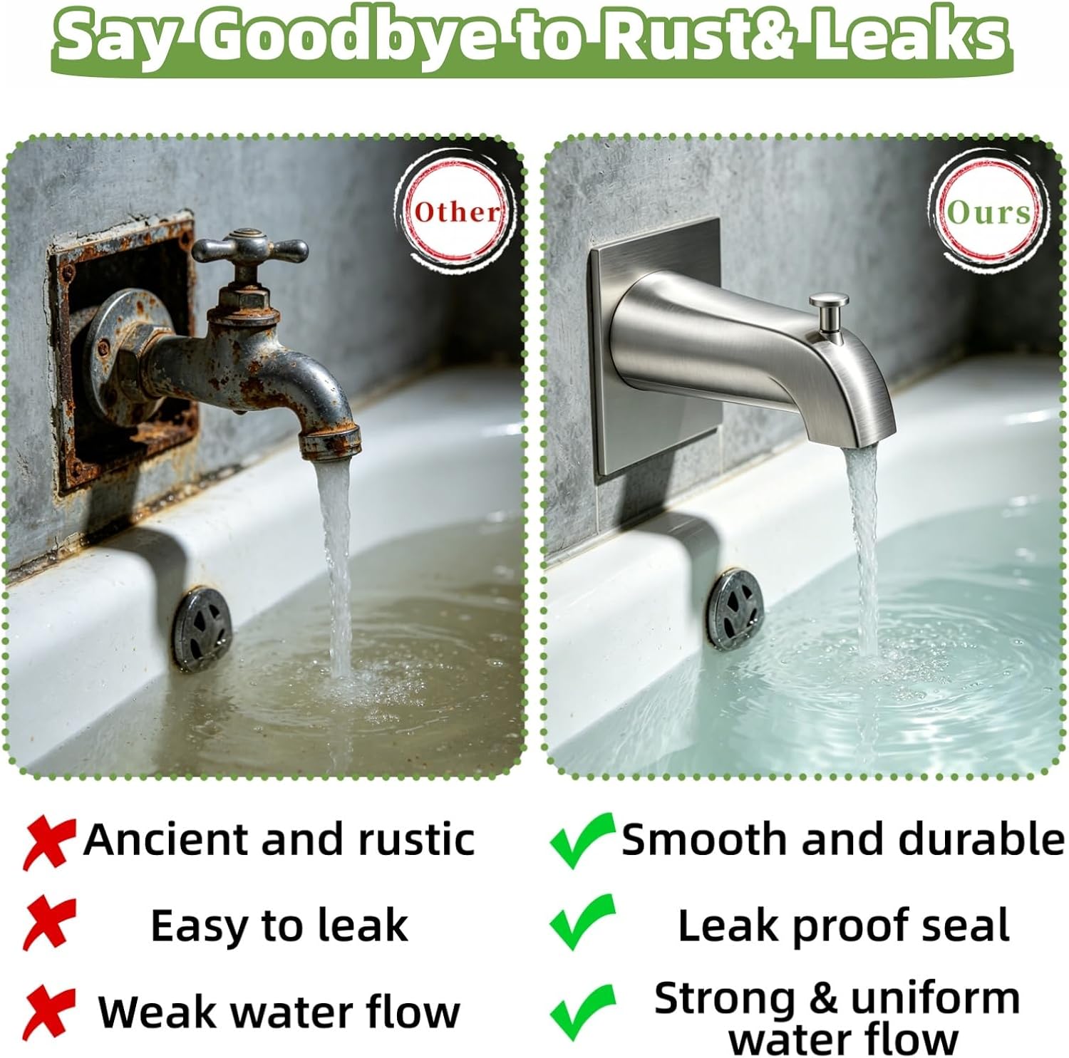 Universal Tub Spout with Diverter Kit, Bath Tub Faucet, Fits 1/2" Slip-Fit Copper & 1/2" IPS/3/4 IPS Threads, Includes Adapters, Tape, Hex Wrench & Metal Cover Ring, Bathtub Spout with Diverter