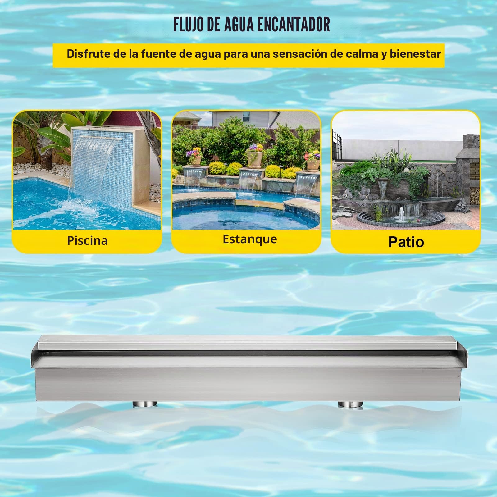 VEVOR Fuente de Cascada de Acero Inoxidable 60 x 11.4 x 7.8 CM Cascada de Agua de Acero Inoxidable Fuente de Cascada Cascada Agua Acero Inoxidable Fuente Rectangular para Piscina