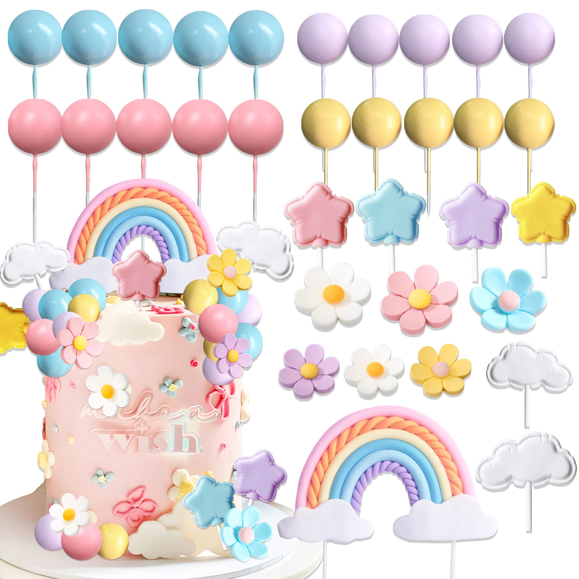 CharmeFleur 33Pcs Boho Cake Decorations Flower Cake Accessories Wedding Celebration Supplies Rainbow Cake Embellishments