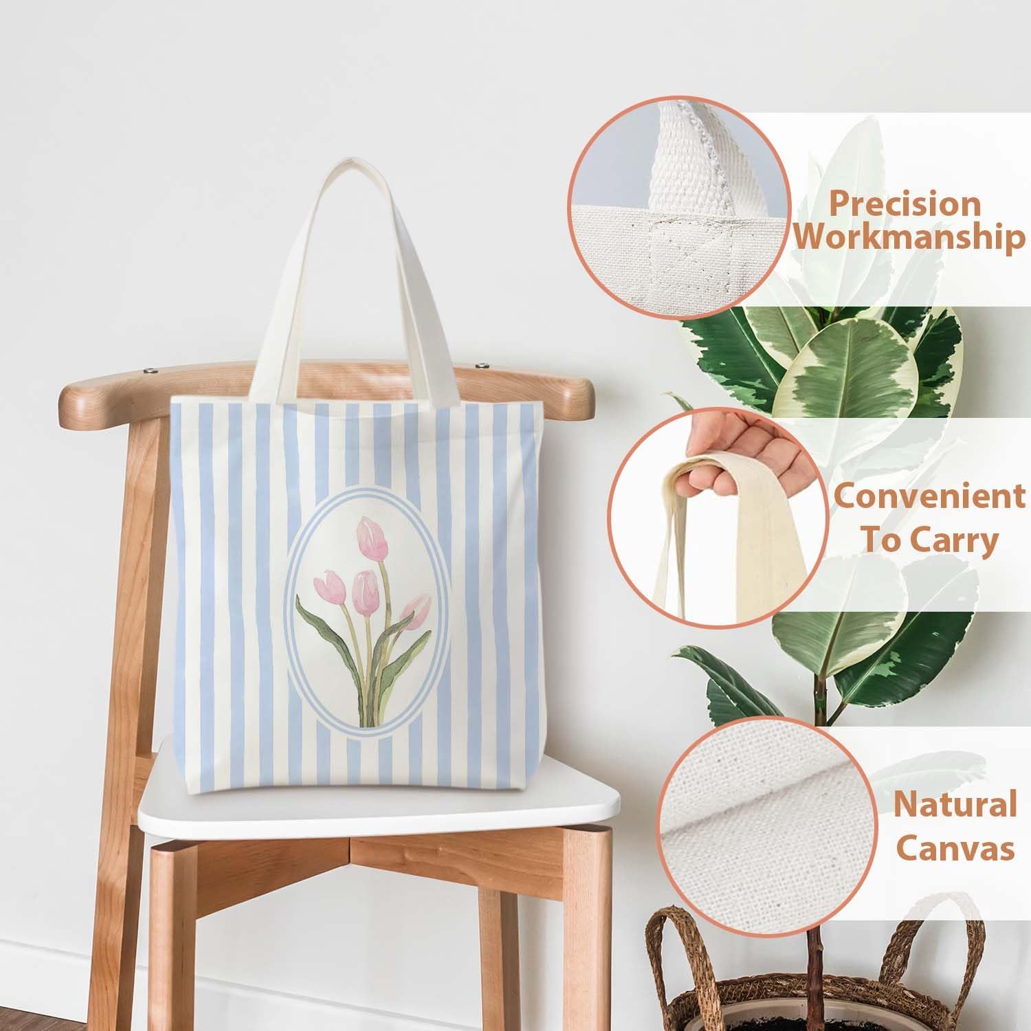Striped Canvas Bag, Floral Tote Bag for women, Reusable Grocery Shopping Bags