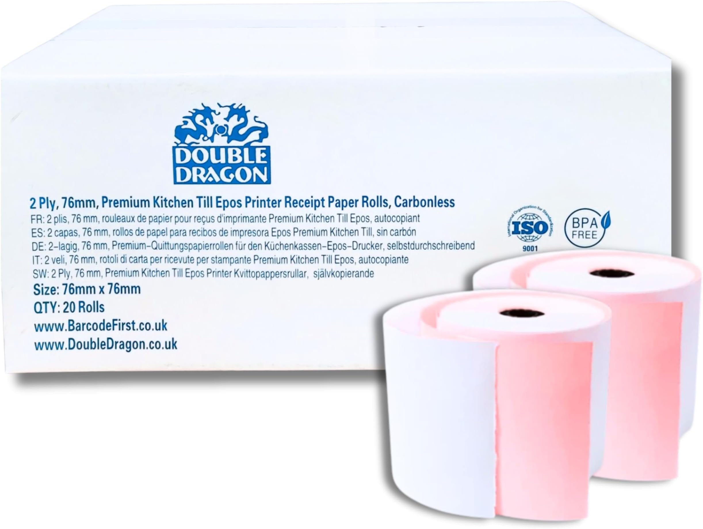 76 x 76mm, 2ply Premium Paper Till EPOS Kitchen Printer Receipt Rolls - Carbonless - (Box of 20 Rolls) - 2 PLY, Non-Thermal