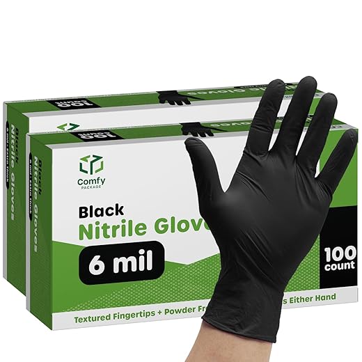 [200 Count] Black Nitrile Disposable Gloves 6 Mil. Extra Strength Latex & Powder Free, Chemical Resistance, Textured Fingertips Gloves - Medium
