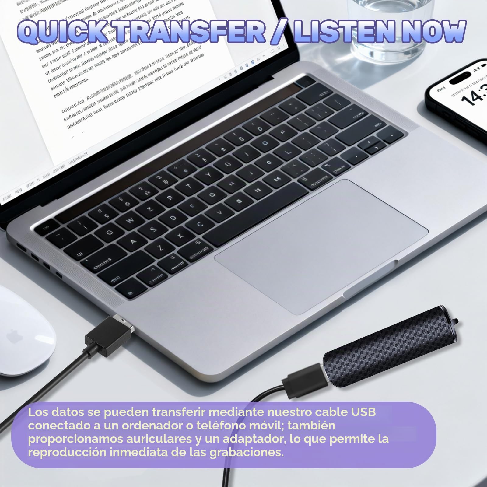 64GB Grabadora de Voz Mini, 100H Grabación Continua Magnético Grabadora Portátil con Activación por Voz Grabadora de Audio USB C Digital MP3 para Conferencia Clases Entrevistas