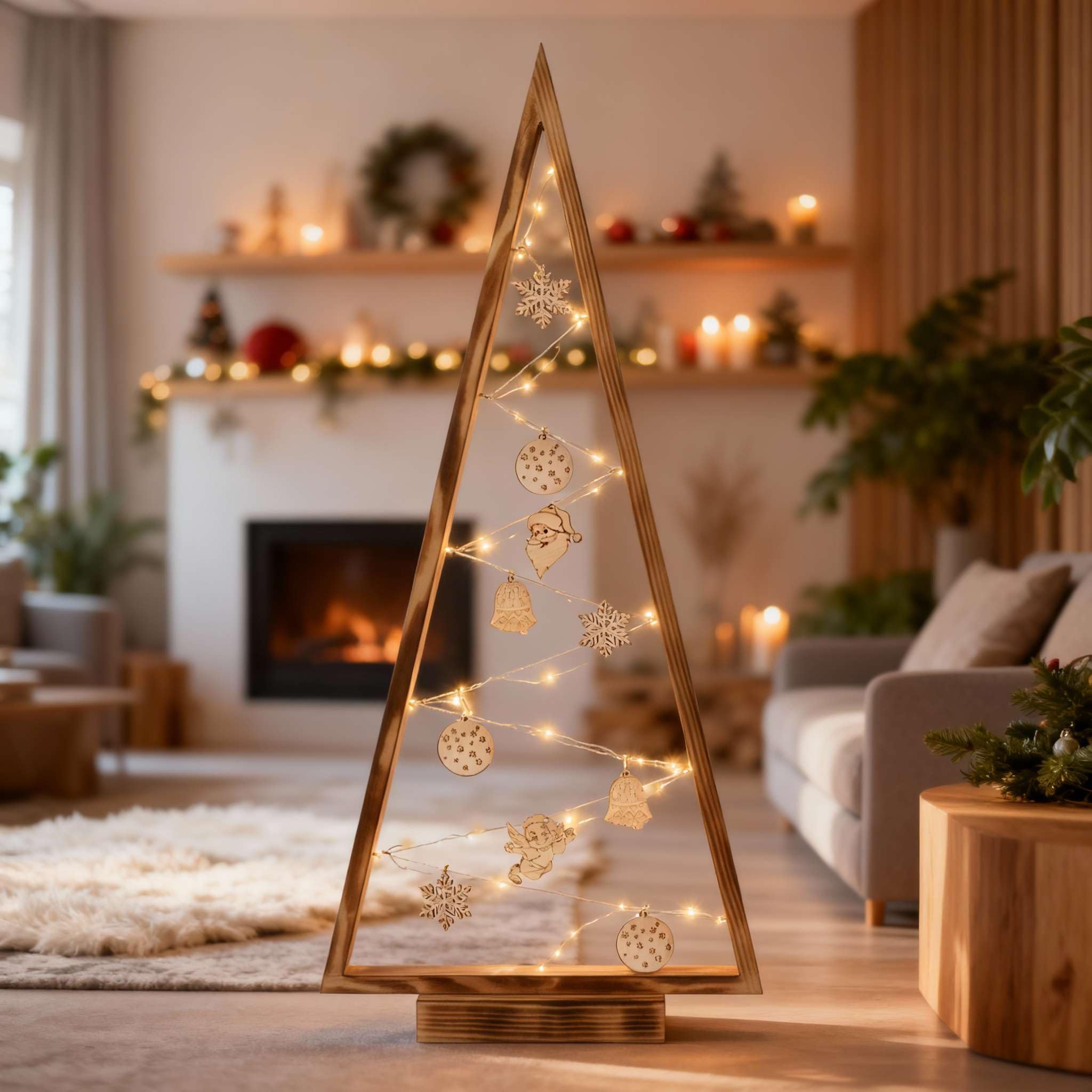 BOGATECO Árbol de Navidad de madera con iluminación LED de 104 cm de altura | Decoración de madera incluida | Decoraciones navideñas | 30 LED |