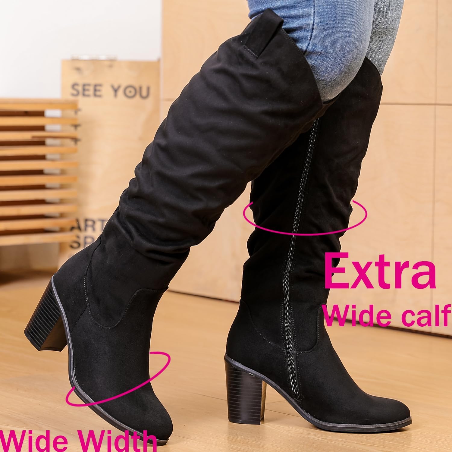 Luoika Women's Extra Wide Calf Cowboy Knee High Boots, Wide Width Cowgirl Slouchy Boots Chunky Pump Heel Plus Size Western Boots.