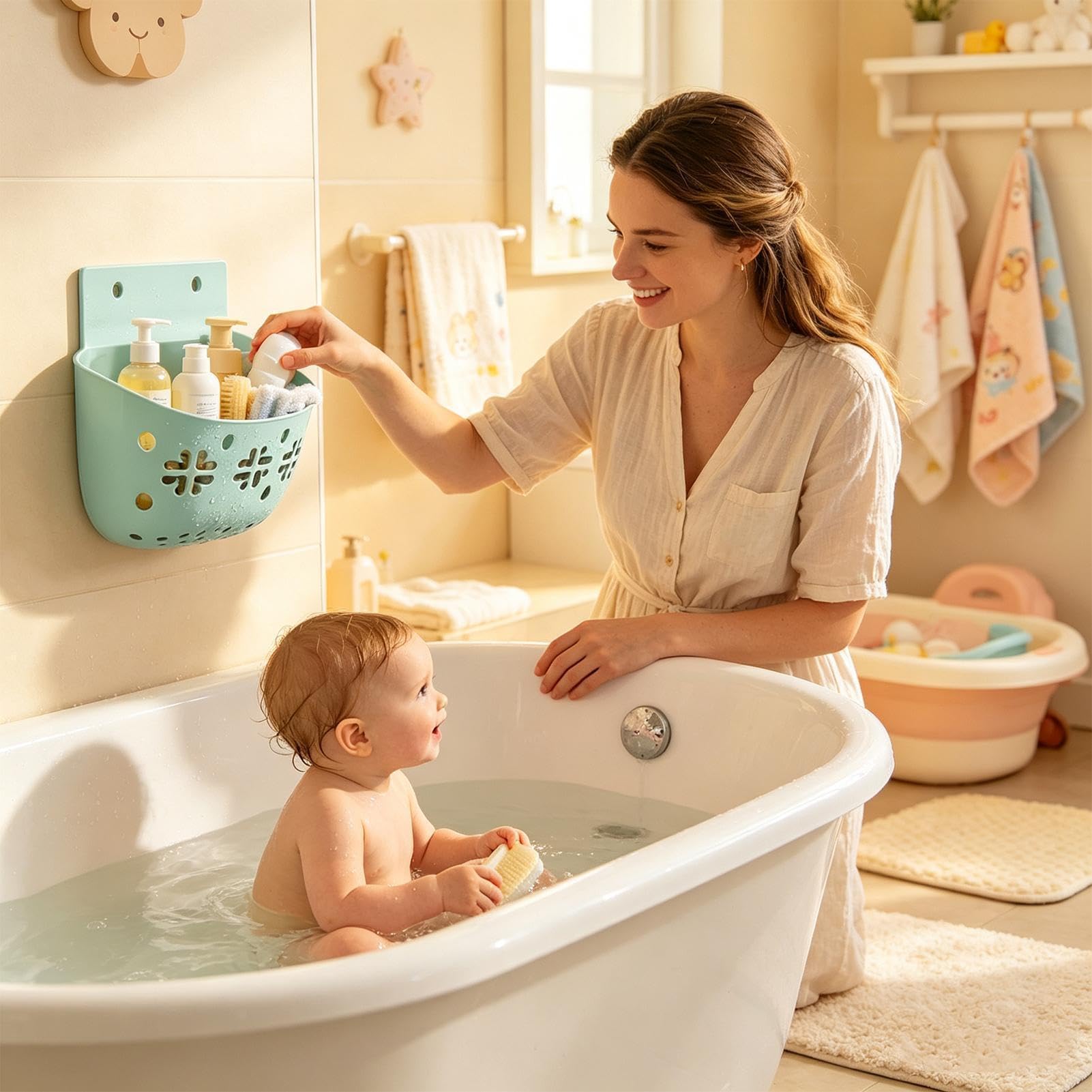 Support de jouets de douche pliable en silicone | Grand panier de rangement mural pour salle de bain, piscine, idéal pour les enfants et les filles