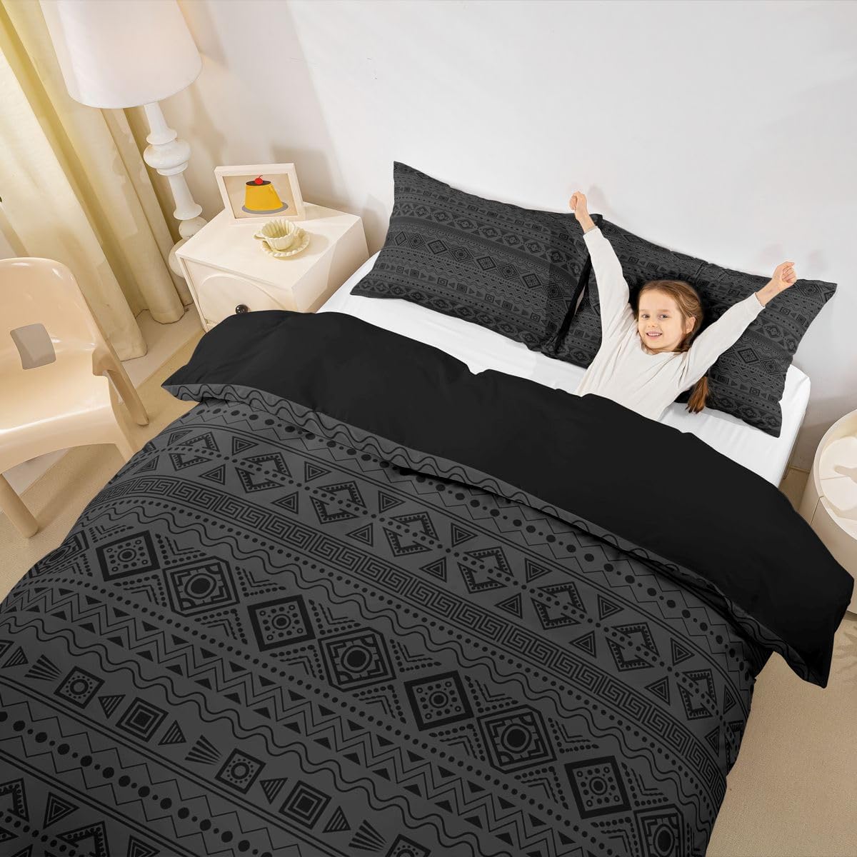Feelyou Modern Geometric Stripe Duvet Cover King Size Boho Comforter Cover for Boys Girls Bohemian Aztec Bedding Set 3Pcs Black Room Decor No Comforter Breathable Soft Lightweight Microfiber